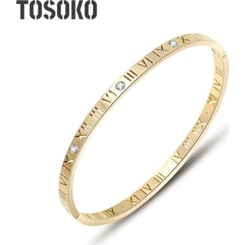 TOSOKO Stainless Steel Jewelry Roman Digital Zircon Inlaid Narrow Version Bracelet Womens Fashion Bracelet BSZ043