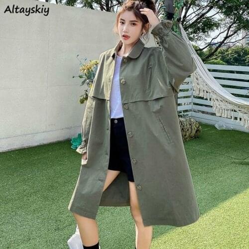 Womens Trench Coat Classic Single Breasted Windproof Wide-waist Casual Autumn Army Green Solid Knee-length Loose Korean Style