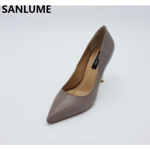 SANLUME Handmade Summer Pumps Women Shoes Woman Sexy High Heels Genuine Leather office Ladies Shoes Stiletto Slip On Plus size