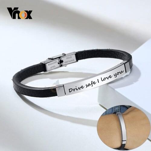 Vnox Personalize Engrave Bar ID Bracelets for Men Jewelry Minimalist Black Genuine Leather Chain Wrist Custom Gifts for Him