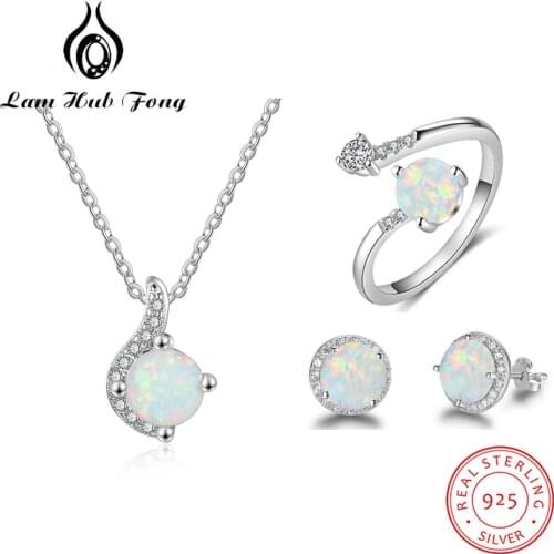 Jewelry Sets for Women Dainty 925 Sterling Silver White Opal Ring Earrings Chain Necklace Wedding Jewelry Sets (Lam Hub Fong)