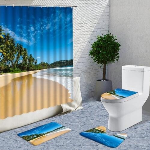 Ocean Scenery Shower Curtain And Bath Rugs Set Modern Coconut Tree Beach Curtains For Bathroom Home Decor Foot Pad U-Shaped Pad
