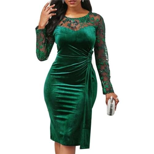 Green Lace Dress Women 2021 New Elegant Long Sleeves Stitching Slim Sexy Pencil Dresses Female JD1210