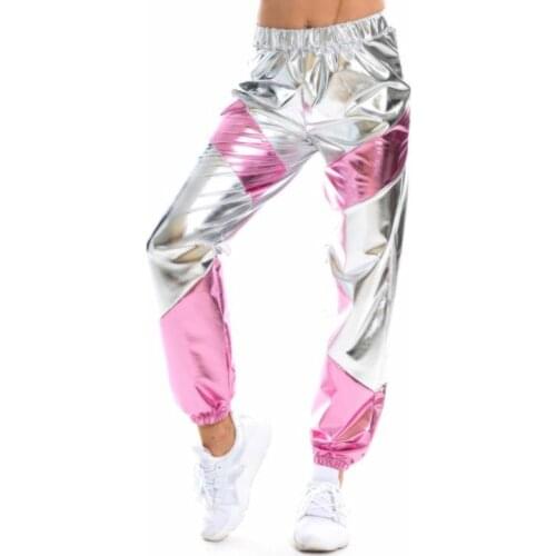 Silver Black Holographic Trousers Women Shiny Wetlook Hip Hop Joggers Sweatpant Metallic Harem Track Pants Streetwear