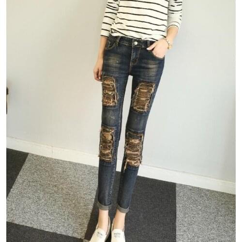 Womens Korean Fashion vintage ripped hole Jeans Female Sexy Jeans Plus Size slim denim long pants TB511
