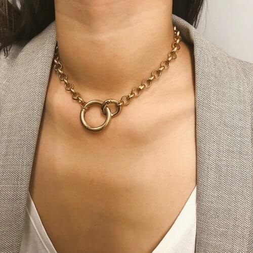 KMVEXO Vintage Punk Curb Chain Necklace for Women New Gold Silver Color Big Round Pendant Collar Choker Sweater Chain Necklaces