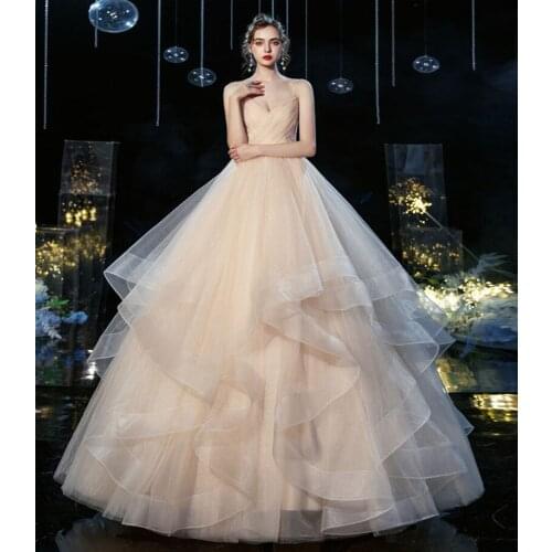 Spaghetti Straps Wedding Dress Off Shoulder Ball Gown Princess Simple Ivory Champagne Chinese Wedding Dresses Vestido De Novia