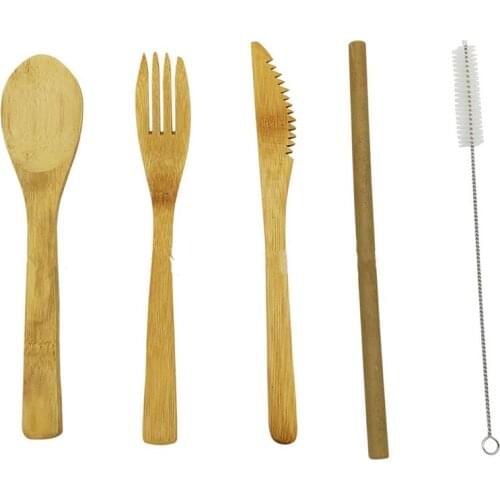 5Pcs/set Japanese Wooden Dinnerware Set Cutlery Set Bamboo Fork Knife With Cloth Bag Kitchen Tools picnic travel camping outdoor