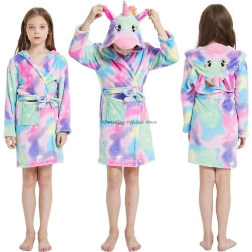 Girls unicorn bathrobes children flannel hooded robes colorful peignoir for kids boys sleepwear kigurumi pajamas towel robe