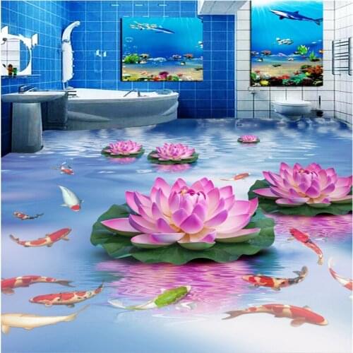 BEIBEHANG Custom floor nonwoven fabric wallpaper beautiful lotus flower water carp toilet bedroom 3D floor