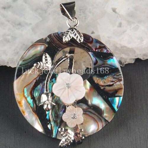 Free Shipping Women Fashion Jewelry 41mm Beatiful New Zealand Ablone Shell Round Flower Pendant Bead 1pcs C3620