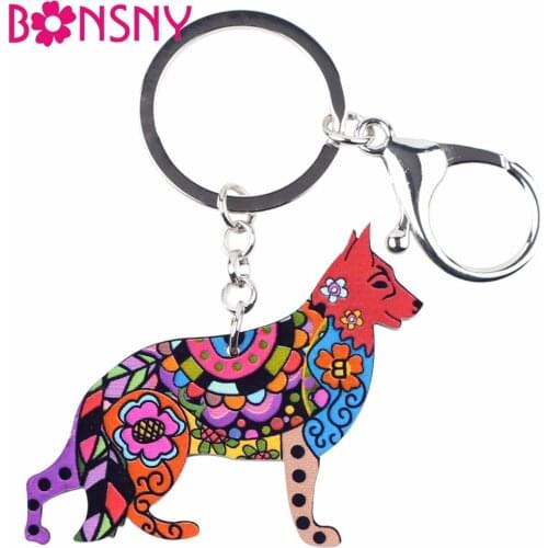 Bonsny Acrylic Dog Jewelry German Shepherd Key Chain Key Ring Pom Gift For Women Girl Bag Charm Keychain Pendant Jewelry