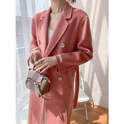 Double Faced Cashmere Overcoat Womens Mid Long Autumn Winter 2021 New Pink High End Fashion Temperament Wool Jacket