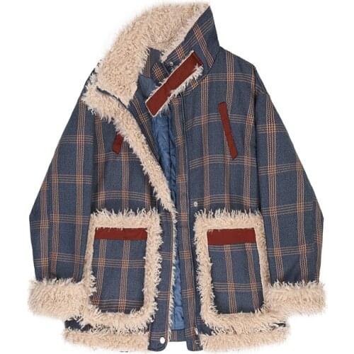 Women Autumn Winter Faux Lamb Fur Sheepskin Coat Plaid Genuine Granular Sheep Shearing Jacket Female Casual Warm Outerwear Tops