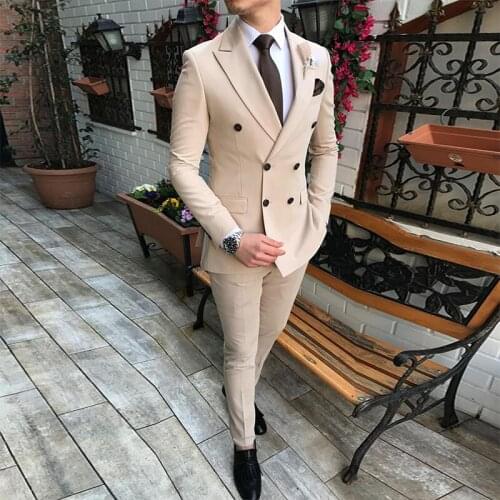 Mens Suits 2 Pieces Beige Lapel Collar Groom Costumes Slim Fit Casual Business Suits Wedding Groomsmen Jacket + Vest + Pants
