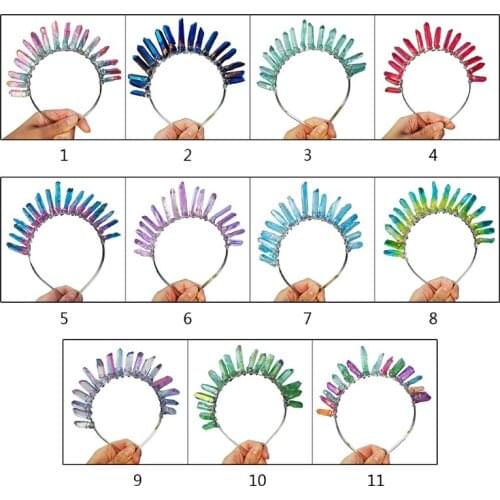 Raw Crystal Quartz Tiara Headband Multicolor Gradient Jewelry Sun Goddess Crown Wedding Bridal Holiday Party Hair Hoop