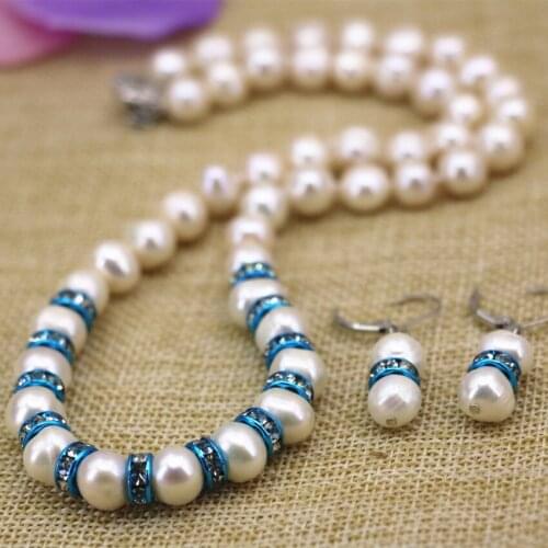 Wholesale price elegant 9-10mm natural white pearl beads necklace earrings for weddings party gifts diy jewelry set 18inch B3110