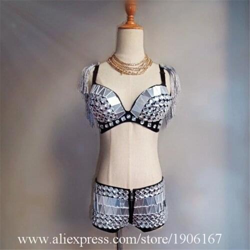 Catwalk Show Silver Sexy Lady Mirror Clothes Party Stage Performance Bra And Mirror Short Nightclub DS DJ Singer Dance Outfit