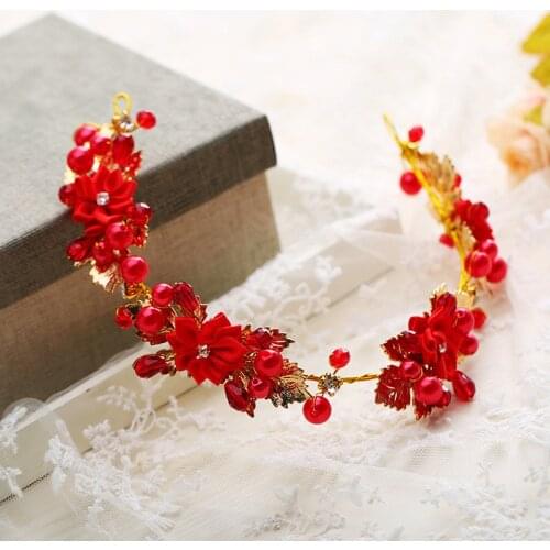 Luxury Bridal Red Flower Rhinestone Headband Handmade Hairband Women Crown Tiara Wedding Hair Accessories VL