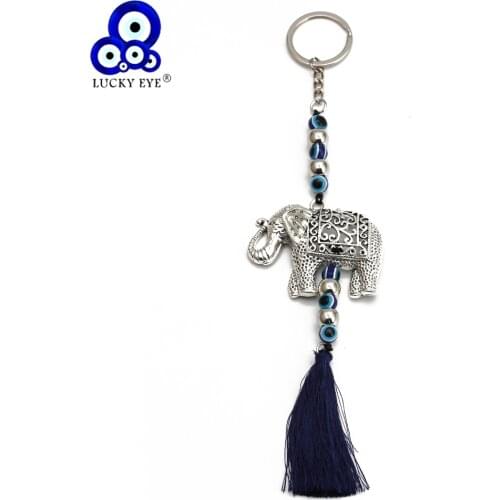 Lucky Eye Alloy Elephant Pendant Tassel Wall Hanging Blue Turkish Evil Eye Beads Decoration for Home Living Room Car BE161