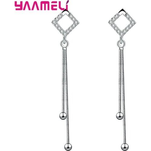 Hot Fashion 925 Sterling Silver Cubic Zirconia Square Long Line Earrings For Wedding Party Simple Style Long Tassel Danglers