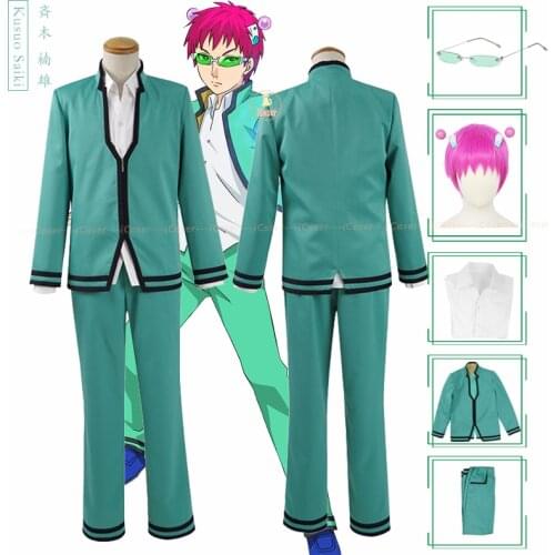Saiki K Cosplay Uniform Saiki Kusuo no Psi Nan Blue Suit Pink Wig Handmade Hairpin Anime Costume Green Glasses Halloween Outfit
