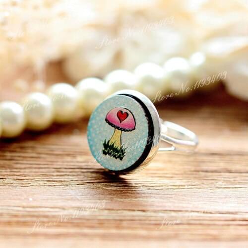 Unique 3D Mushroom Embossed 16mm Round Coloured Drawing pattern Laser Cut wood Cabochon DIY for Rings, Earring,Brooch,Necklace