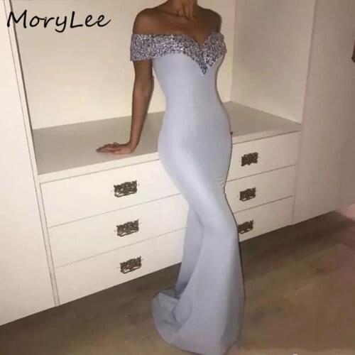 Crystal Evening Dresses Shining Off The Shoulder Floor Length Zipper Back Satin Evening Dress vestidos de fiesta de noche