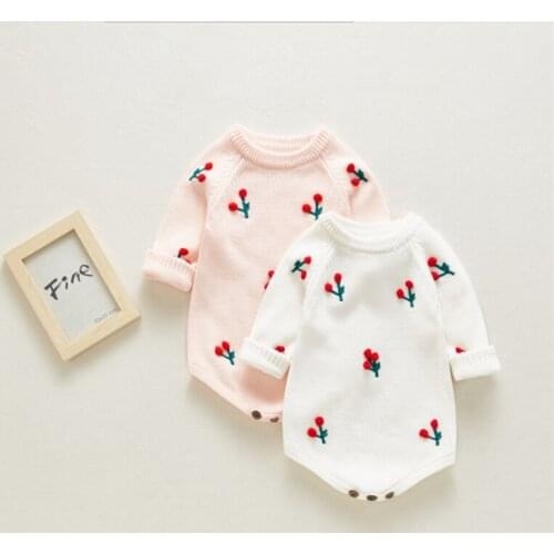 Knitted Baby Romper Spring Newborn Baby Clothes Infant Girl Romper Cherry Infant Toddler Sweater Jumpsuit For Kids Overalls