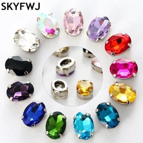 High quality 10x14mm,13x18mm Oavl Shape Glass Stone in Hard strong Open Back Claw Setting With 4Holes for sewing