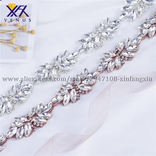 XFX VENUS Hot fix DIY 1 YARD Bridal beaded crystal rhinestone applique trim iron on for wedding dress rhinestone applique belt