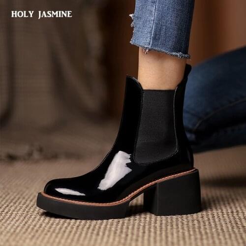 Platform Chunky Heels Round Toe Ankle Boots Genuine Leather Vintage Winter Newest Round Toe Shoes Woman Basic Office Women Shoes