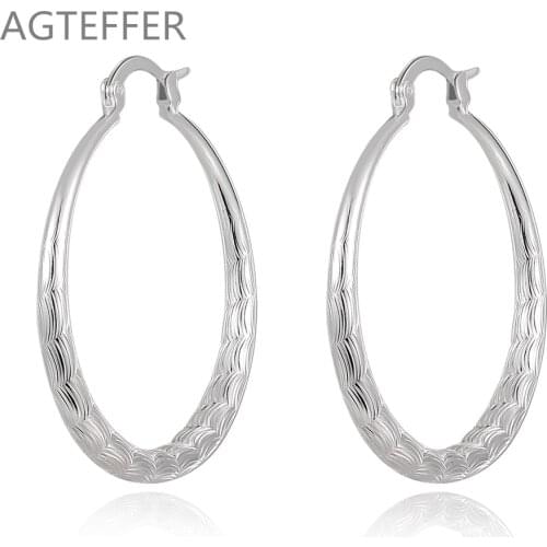 AGTEFFER 925 Sterling Silver Big Circle 40mm Grain Hoop Earring For Woman Fashion Party Wedding Engagement Party Jewelry
