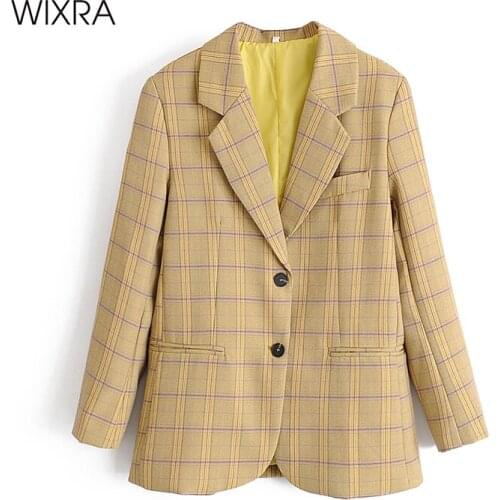 Wixra Womens Blazer Jacket Spring Autumn Sweet Single Breasted Notched Collar Casual Plaid Blazer Elegant Outerwear