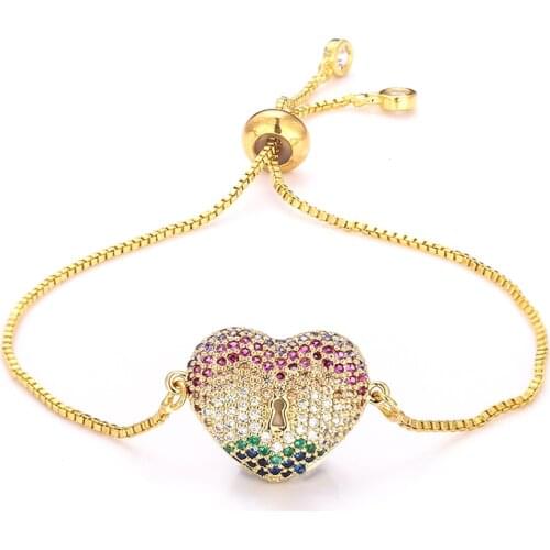 Fashion womens rainbow heart bracelets jewelry gold cz colorful zircon bracelet bangle adjustable chain bracelet for women
