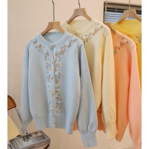 2021 white manual flower embroidery cardigan sweater womens single breasted knitted jacket coat fashion Mori Girl sweater