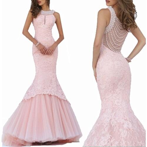 Luxury Pearls Mermaid 2020 Vestidos De Baile Sequins Pink Lace Long Prom Evening gown Sweep Train mother of the bride dresses
