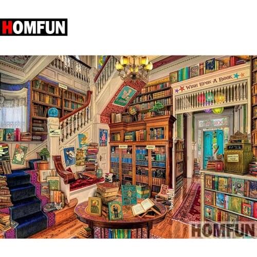 HOMFUN 5D DIY Diamond Painting Full Square/Round Drill "Book room" Embroidery Cross Stitch Mosaic Home Decor Gift A08435