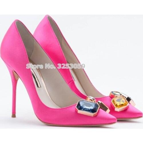 ALMUDENA Pink Silk Cloth Big Gem Wedding Shoes Pointed Toe Bling Bling Beaded Crystal Dress Pumps Multi-color Jewelry Party Shoe
