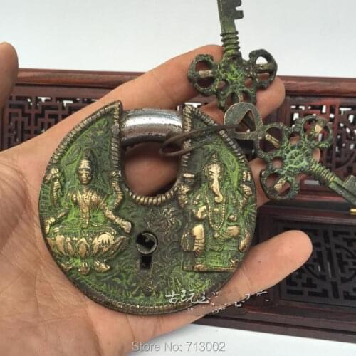 Antiquated Pure Copper lock elephant Buddha the padlock And Two Key Can Use