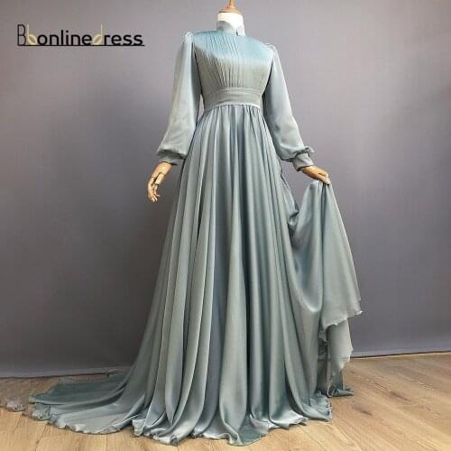 Bbonlinedress Evening Dresses Beaded Formal Gown Arab Dubai Muslim Long Sleeves Moroccan Pleated Prom Dress Women Prom Dresses