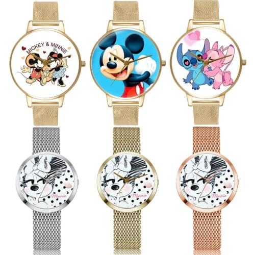 Disney Mickey Minnie Lilo & Stitch Steel Band Quartz Watch Cartoons Childrens watch Ms student boy girl Anime Couple watch gift