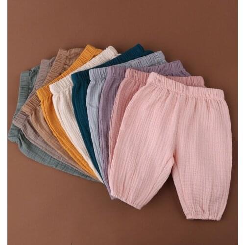 Baby 0-12Months Summer Solid Color Linen Pleated Bloomers Ankle-length Pants Casual Eelastic Harem Long Pants Soft Loose Trouser