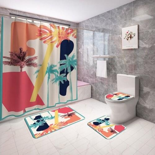 Home Decor Bathroom Carpet Rug Bath Mat and Waterproof Shower Curtain Set Tropical Landscape Print Toilet Mat Non-slip Foot Rug