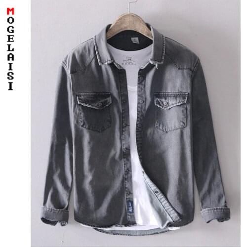 New men casual Denim shirt slim cotton long sleeve spring solid soft tops man High quality gray Denim shirt chemise homme 377