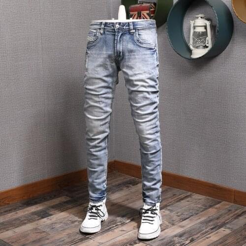 European Vintage Fashion Men Jeans Retro Light Blue Elastic Slim Fit Ripped Jeans Men Printed Designer Casual Denim Pencil Pants