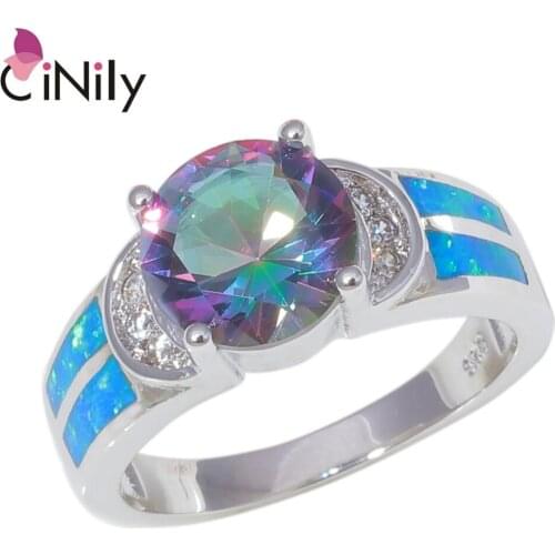 CiNily Created Blue Fire Opal Mystic Stone Cubic Zirconia Silver Plated Wholesale For Women Jewelry Gift Ring Size 6-10 OJ9405