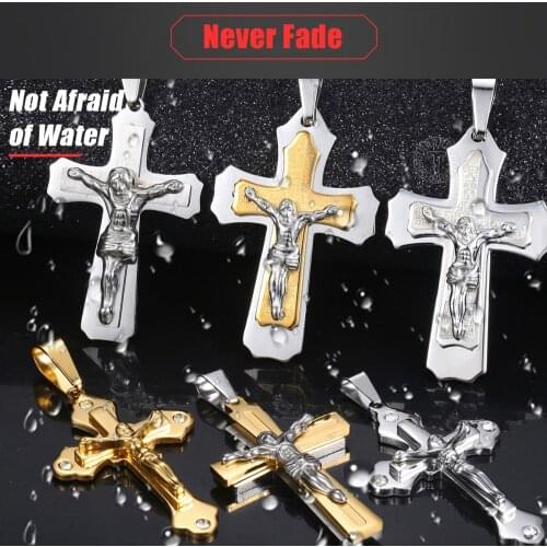 Davieslee 12 Styles Stainless Steel Jesus Christ Cross Pendant for Men Gold Black Silver Color 2-layers Paved Clear CZ DLKPP3