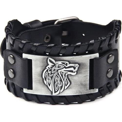 Punk Men Wide Bangle Nordic Viking Designer Charm Wolf Head Bracelet Leather Weave Adjustable Wristband Jewelry