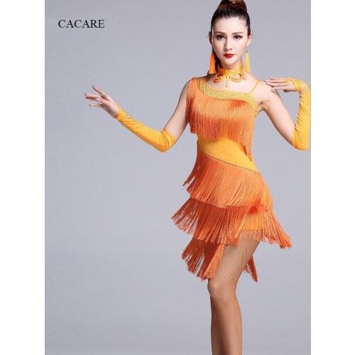 CACARE Latin Dance Dress for Women Latin Dress Fringe Salsa Latin Dance Competition Dresses 3 Choices D0129 Tassels Rhinestones